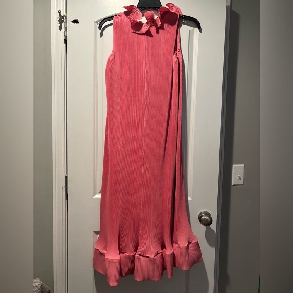 Tibi Coral Maxi Dress with Ruffle Neckline